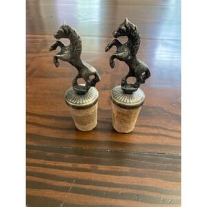 Set of 2 Vintage‎ Pewter Horse Rearing Stallion Figure Wine Bottle Cork Stopper